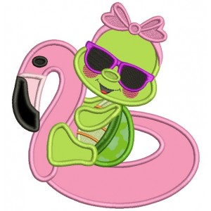 Cute Little Turtle Swimming on a Flamingo Floaty Summer Applique Machine Embroidery Design Digitized